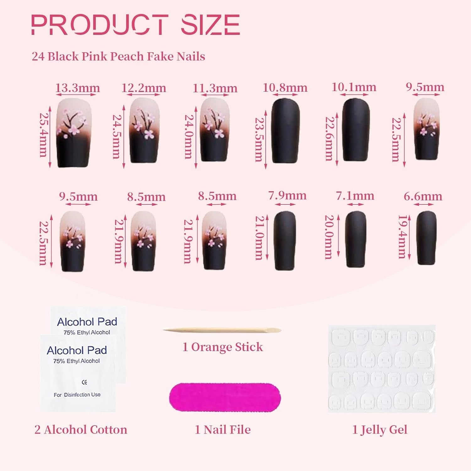 24 Uds. De uñas postizas negras de otoño, prensa francesa, flor rosa, uñas largas, pegamento en uñas postizas, juego de uñas postizas de otoño con accesorios
