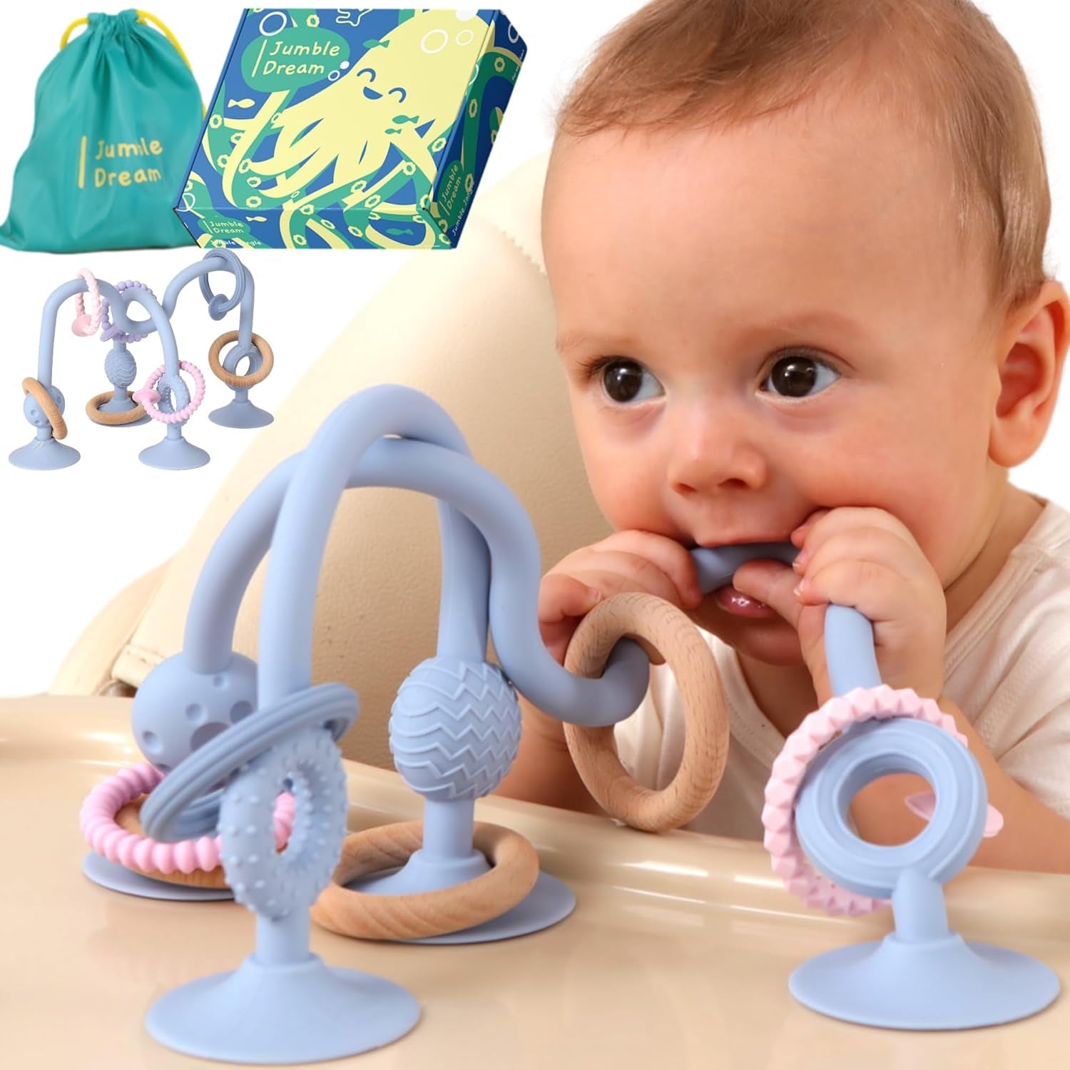 JUMBLE JANGLE Anillo de dentición para bebé: juguete para la dentición del bebé de 3 a 24 meses | Juego de 7 juguetes para masticar sin BPA | Anillo de dentición de silicona refrescante | Juguete infantil con ventosa para trona, mesa y bañera