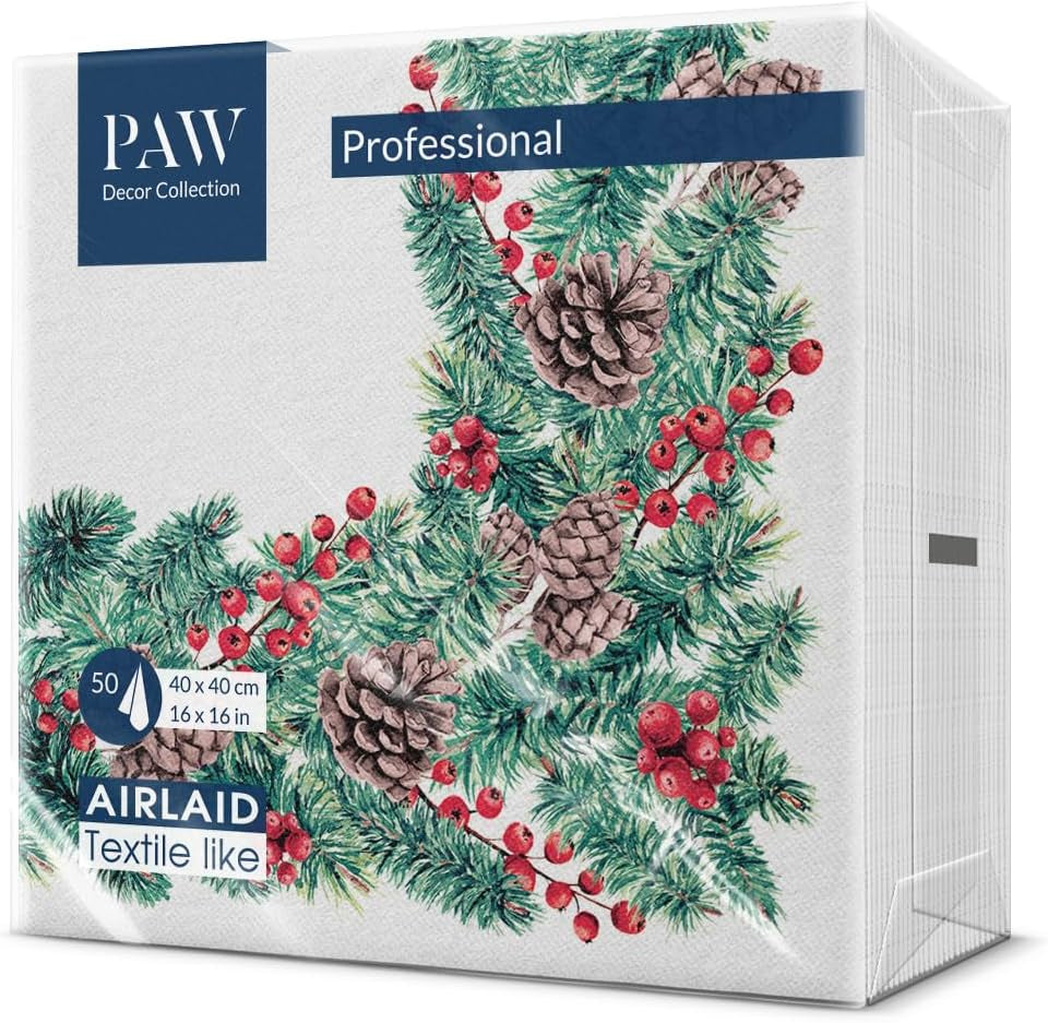 PAW - Servilletas Airlaid (40 X 40 Cm) I 50 Piezas I Perfectas para Navidad, Invierno, Vacaciones I Decoración de Mesa de Nochebuena I Servilletas Airlaid de Tela Ramas de Invierno I Ramas de Invierno