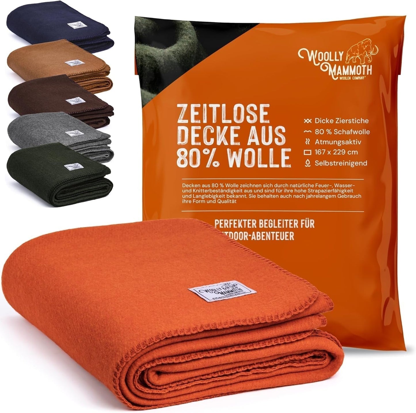 Manta de camping Woolly Mammoth Woolen Co., extra grande, lana merino. El equipo perfecto para exteriores para bushcraft, camping, trekking, senderismo, supervivencia o manta de cabina. Marrón, 168 X 228 Woolly Mammoth Woolen Company Naranja/Rojo Zigzag vespertino (Sunset Chevron) Camas y mantas de 66" X 90"