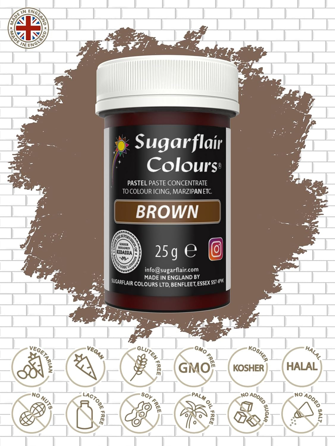 Pasta colorante para alimentos marrón Sugarflair, colorante alimentario en colores pastel altamente concentrado para crema de mantequilla, fondant, glaseado real, decoraciones de pasteles y más. ¡Colorante alimentario vibrante! - 25 gramos