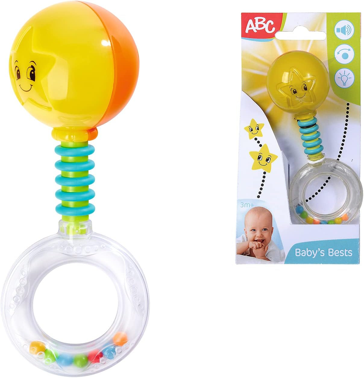 Simba 104010060 - Sonajero ABC iluminado, se ilumina al agitarlo, 14cm, juguete para bebés, sonajero para bebés, primer equipamiento, a partir de 3 meses, amarillo Jucarii Bebe Naty Shop