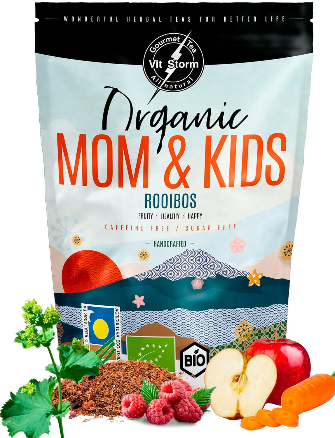 VITSTORM® BIO TEE Mom & Kids - Té para mujeres y lactancia - Rooibos, manzana, hinojo, melisa, alquimilla, fresa - Té relajante - Afrutado y delicioso - Sin cafeína - Té de hierbas 100 g