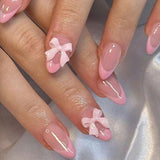 24 Uds. Prensa de almendra blanca sobre uñas francesas con lazos perlas uñas postizas pegamento en puntas de uñas postizas uñas con brillo