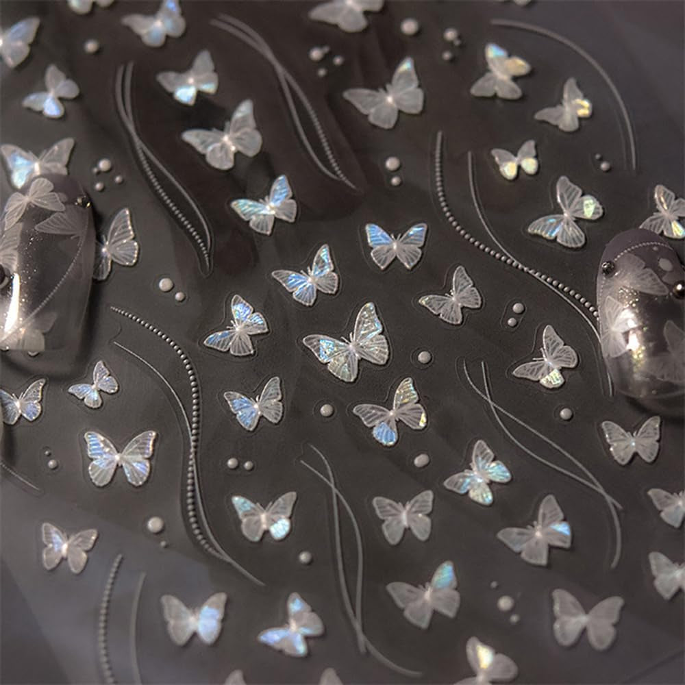 2 Blätter Schmetterling Nagelsticker Selbstklebend,Muschel Glitzer Nail Art Mariposas Adhesivos para uñas Lila Grau Schmetterlinge Nagelaufkleber Relieve Láser Mariposas Nagel Adhesivo Nageldesign Zubehör