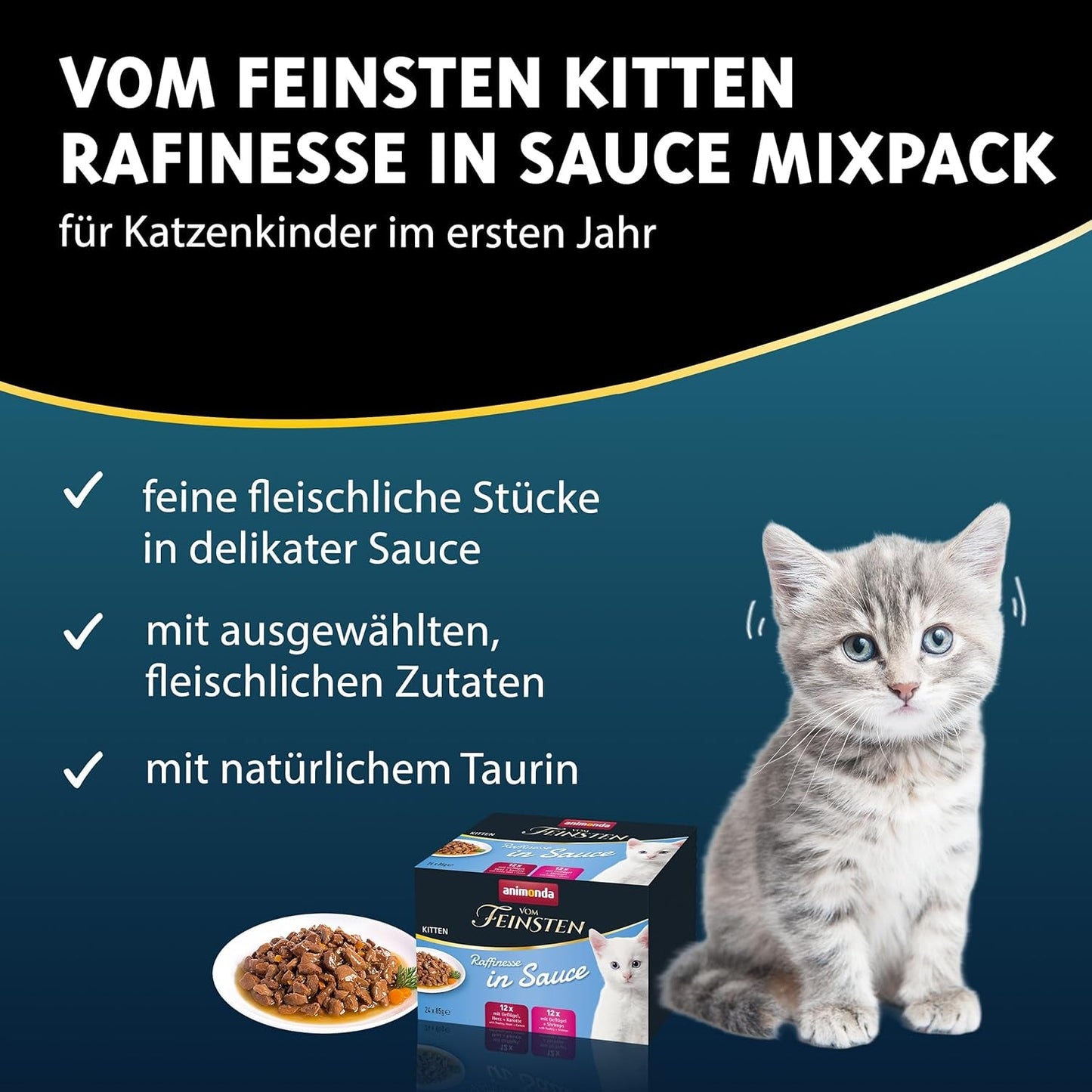 animonda vom Feinsten Premium Kitten Comida húmeda para gatos, Sabores refinados en salsa, 24 sobres (24 x 85 g), Comida húmeda de alta calidad para gatos, sin azúcar, Mezcla mixta