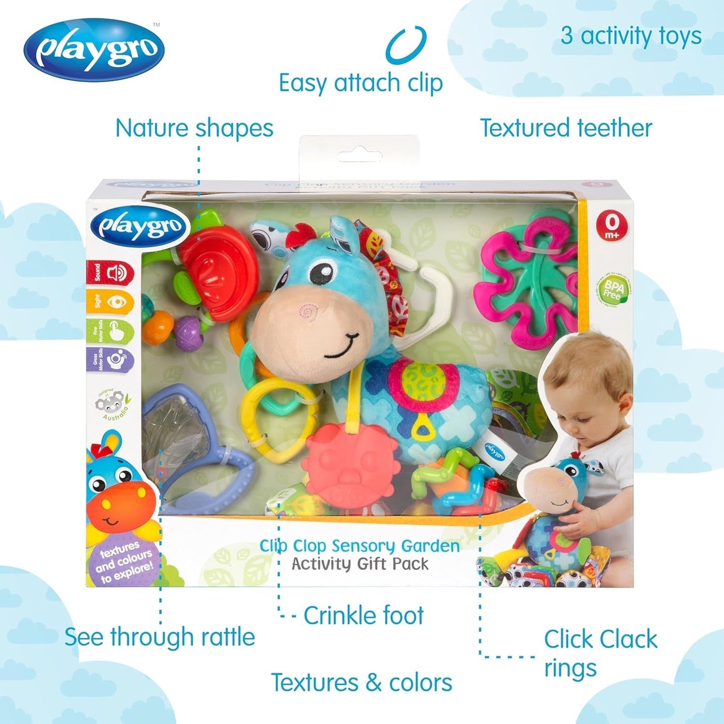 Playgro Clip Clop Pack Regalo Actividad Sensorial Jardín - Juguete Sensorial Jardín para Bebés a Partir de 0 Meses - Juguete Interactivo con Sonajeros, Mordedor y Amigo Cochecito - 4 Piezas