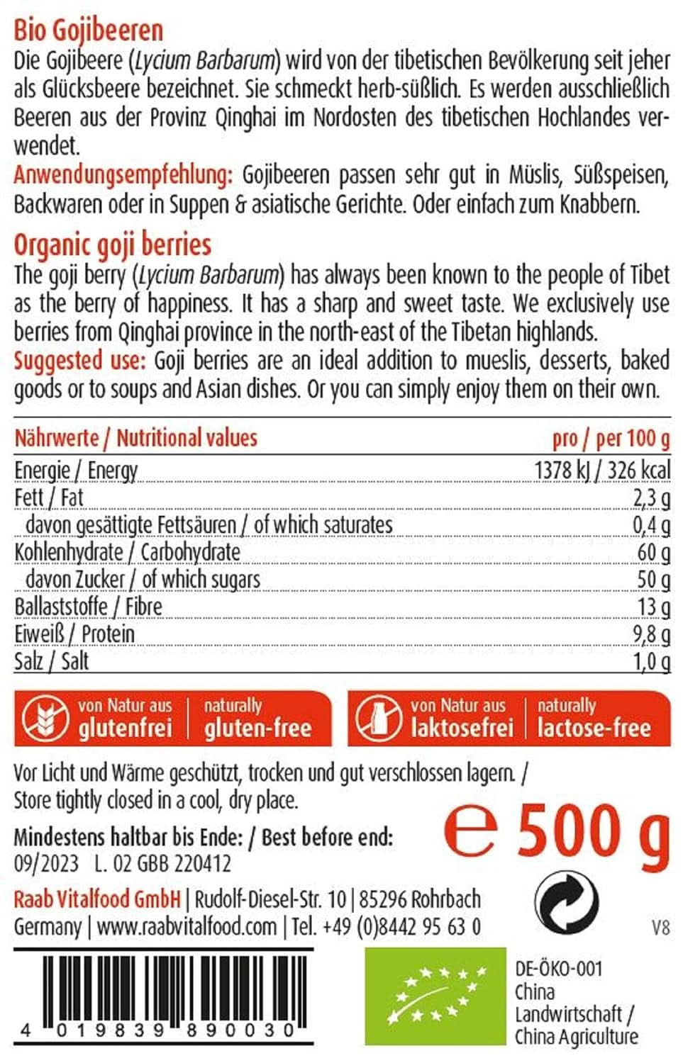 Raab Vitalfood Bayas de Goji Bio, calidad premium, 500 gramos Naty Shop productos deshidratados