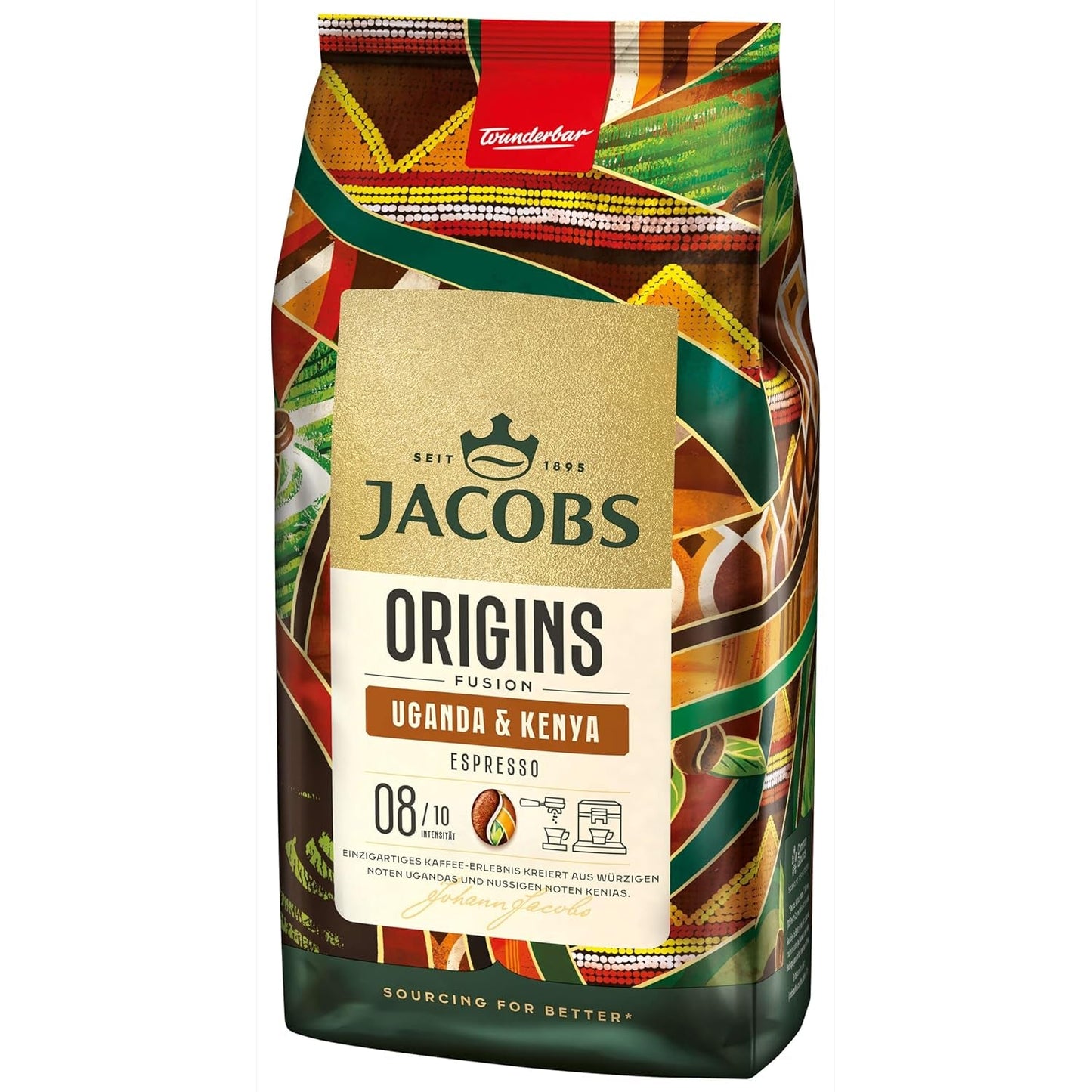 Jacobs Origins Café en granos de Uganda y Kenia, espresso con mucho cuerpo y una nota especiada, concentración 8/10, granos de café enteros, 1 kg