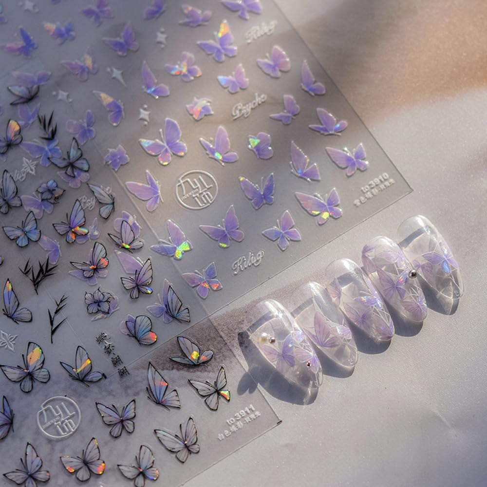 2 Blätter Schmetterling Nagelsticker Selbstklebend,Muschel Glitzer Nail Art Mariposas Adhesivos para uñas Lila Grau Schmetterlinge Nagelaufkleber Relieve Láser Mariposas Nagel Adhesivo Nageldesign Zubehör