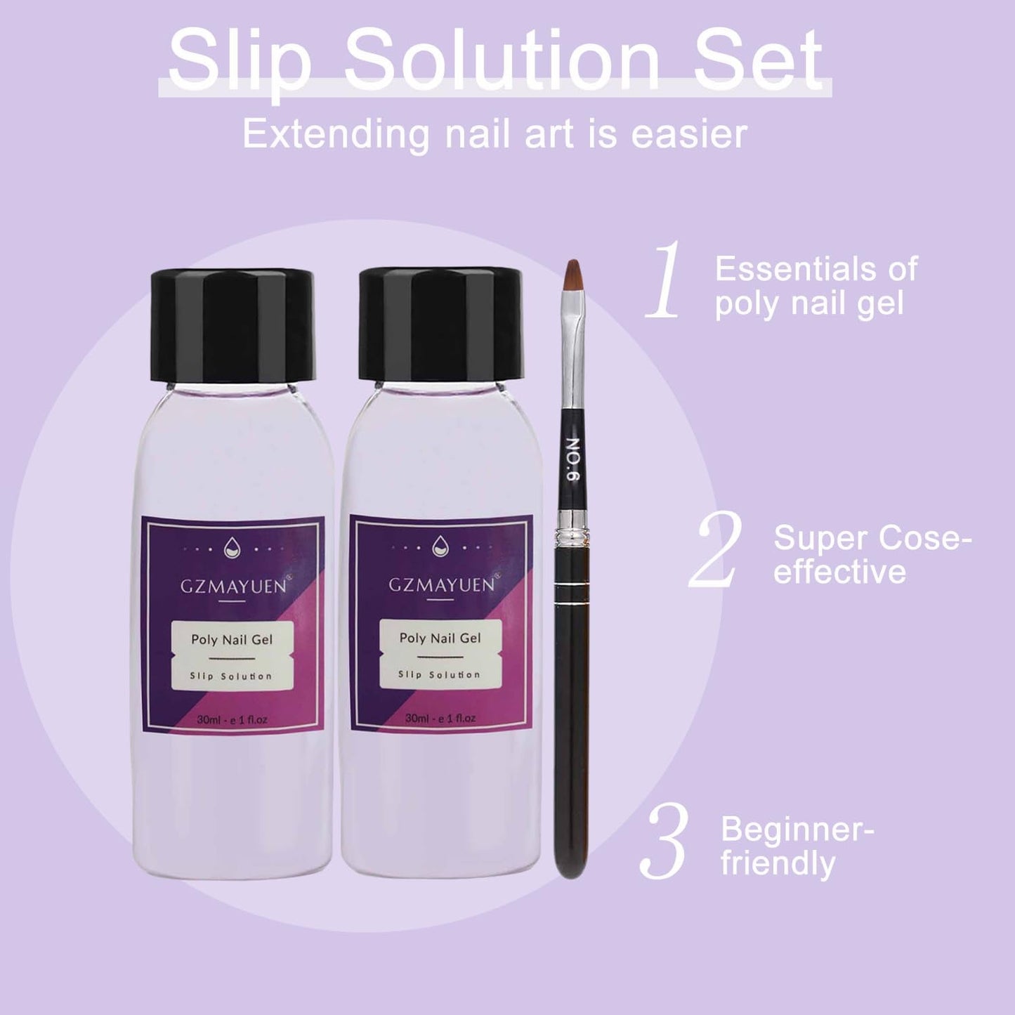GZMAYUEN Poly Nail Gliding Solution 30ml * 2 Gel de extensión de uñas Gel de extensión de poliéster líquido - Solución de deslizamiento fácil de bricolaje con cepillo