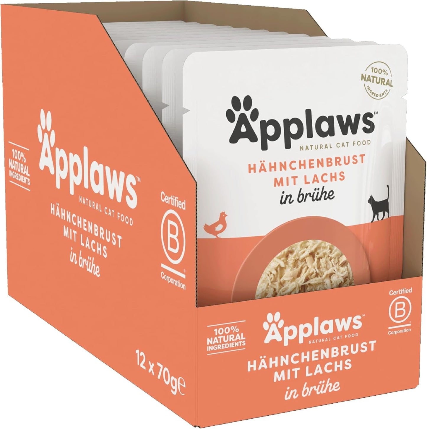 Applaws Comida Húmeda para Gatos 100% Natural, Pechuga de Pollo con Salmón en Caldo - Paquete de 12 Sobres de 70g
