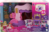 Mattel Disney Princess Transformation Playset Carriage to Castle con Aurora Mini Doll, 3 niveles, 6 áreas de juego, 4 figuras, muebles y accesorios HWX17