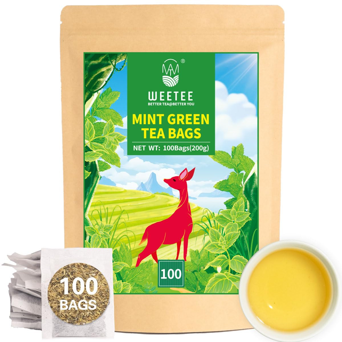 WEETEE Bolsitas de té verde, 100 piezas de bolsitas de té verde, té verde puro, súper antioxidante | Bolsitas resellables | Preparación fría o caliente