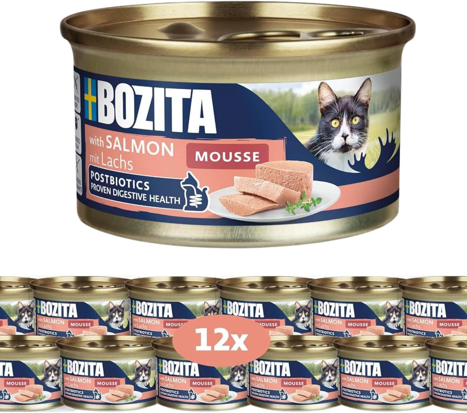Bozita Mousse MSC Salmón - 12 x 85 g comida húmeda para gatos con textura fina de mousse y salmón - receta sin cereales, sin azúcares añadidos ni colorantes - con postbióticos para favorecer la flora intestinal