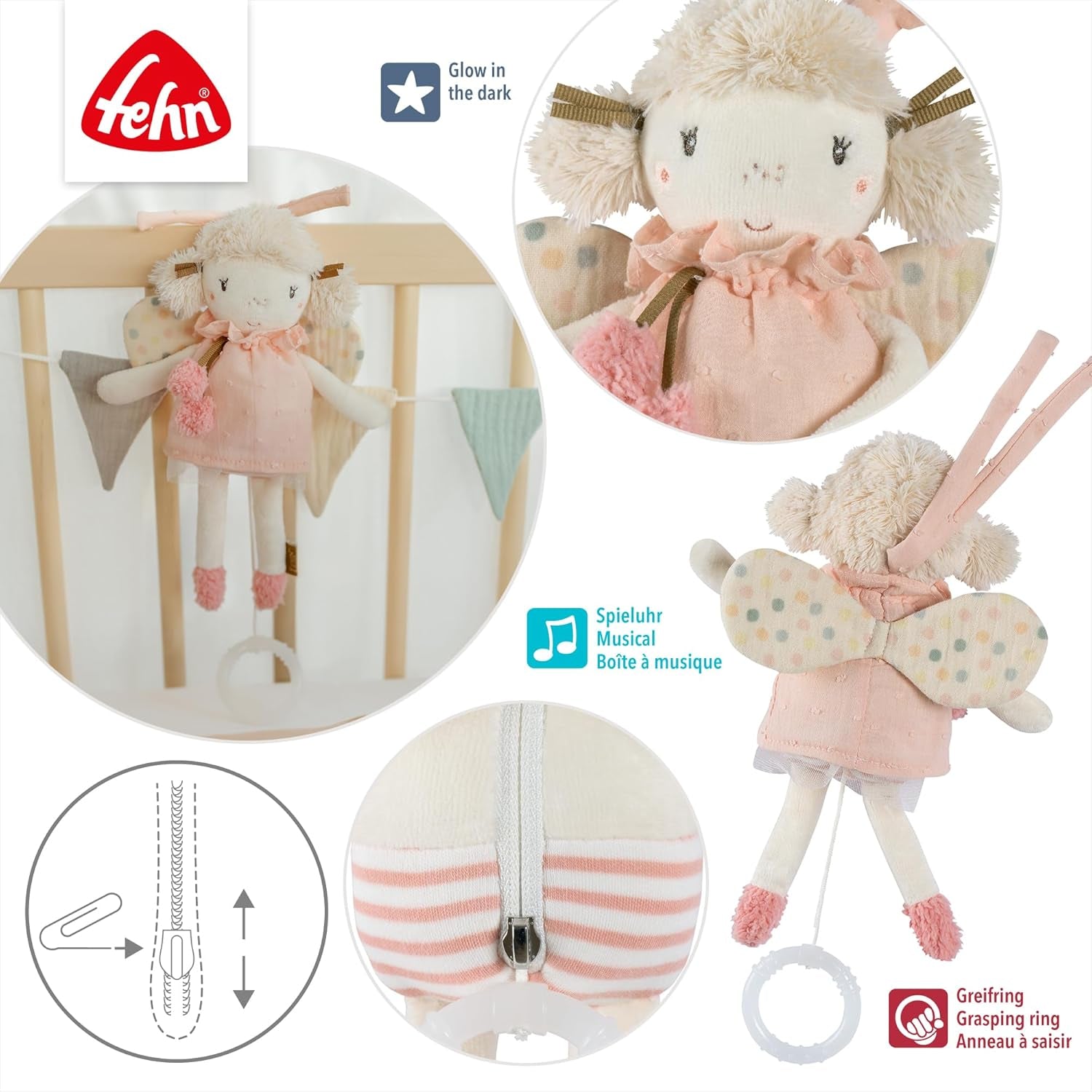 Fehn mini caja de música hada - peluche y ayuda para dormir: caja de música de cuerda con la suave melodía "El lago de los cisnes" que calma en cualquier situación - para bebés y niños pequeños a partir de 0 meses Juguetes Bebe Naty Shop