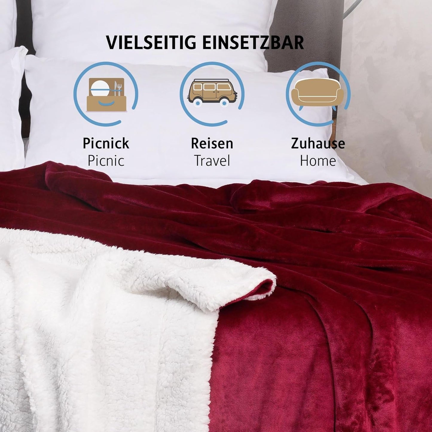 Komfortec acogedora manta 150X200 Cm, manta polar mullida con certificado Oeko-Tex, cálida manta sherpa para el sofá, manta gruesa para el sofá, color burdeos Camas y mantas Besuche den Komfortec-Store