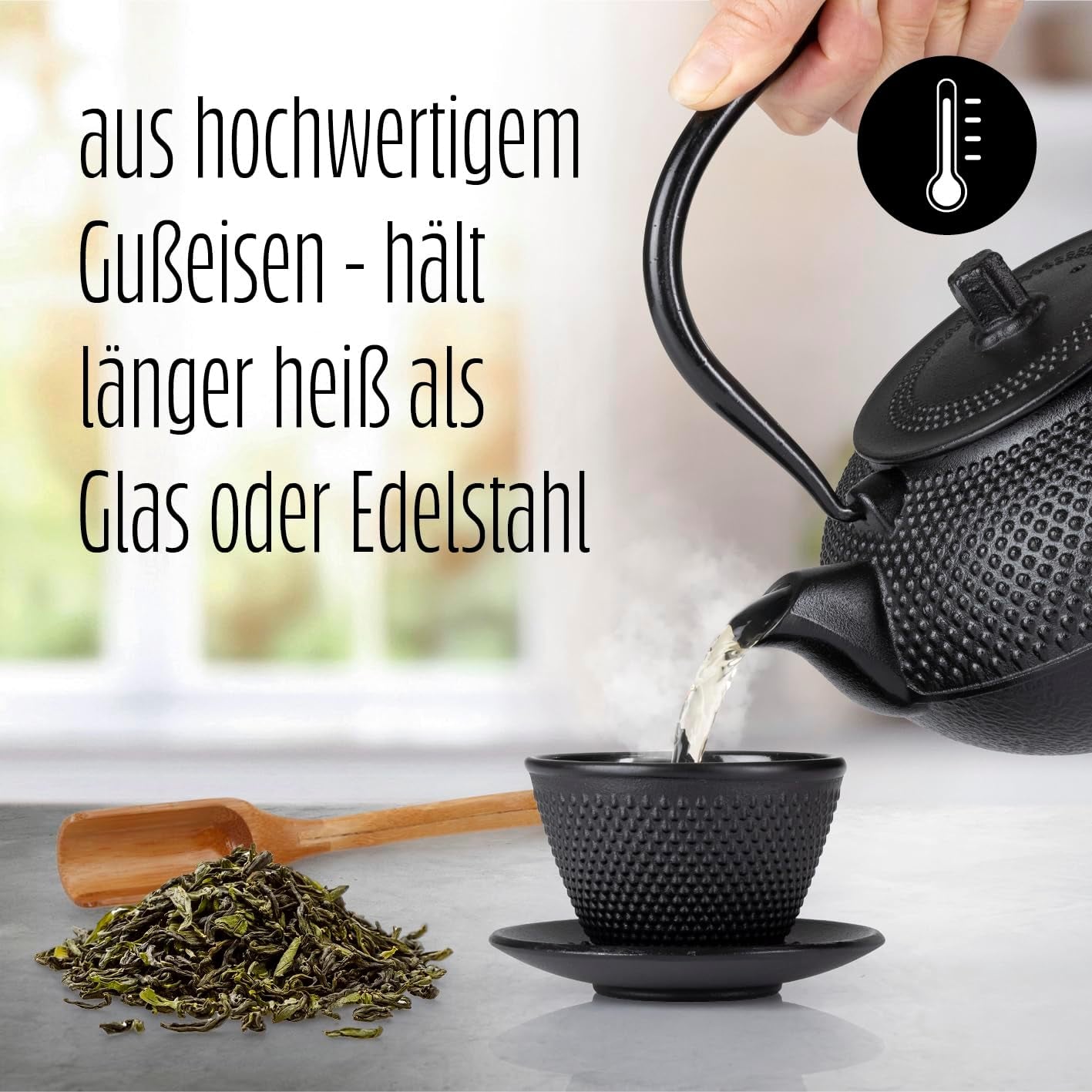 Juego de té Lumaland de 8 piezas | Tetera de hierro fundido Tetsubin de 1,4 litros | Calentador de hierro fundido | 2 tazas de té y 2 platillos | Juego de té japonés que incluye cuchara medidora de bambú e infusor de acero inoxidable.