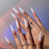 Mouyouglow-uñas largas Stiletto, color blanco lechoso, degradado, purpurina rosa, uñas postizas frescas con pegamento, uñas artificiales con purpurina rosa ombré