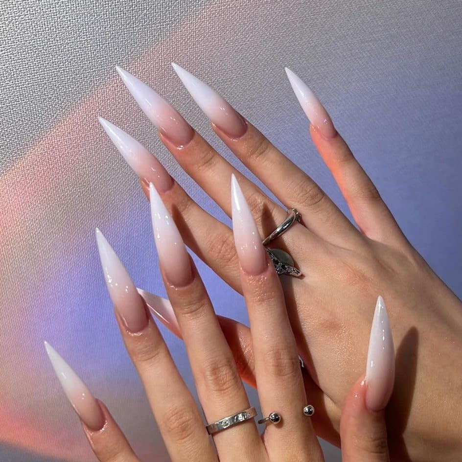 Mouyouglow-uñas largas Stiletto, color blanco lechoso, degradado, purpurina rosa, uñas postizas frescas con pegamento, uñas artificiales con purpurina rosa ombré