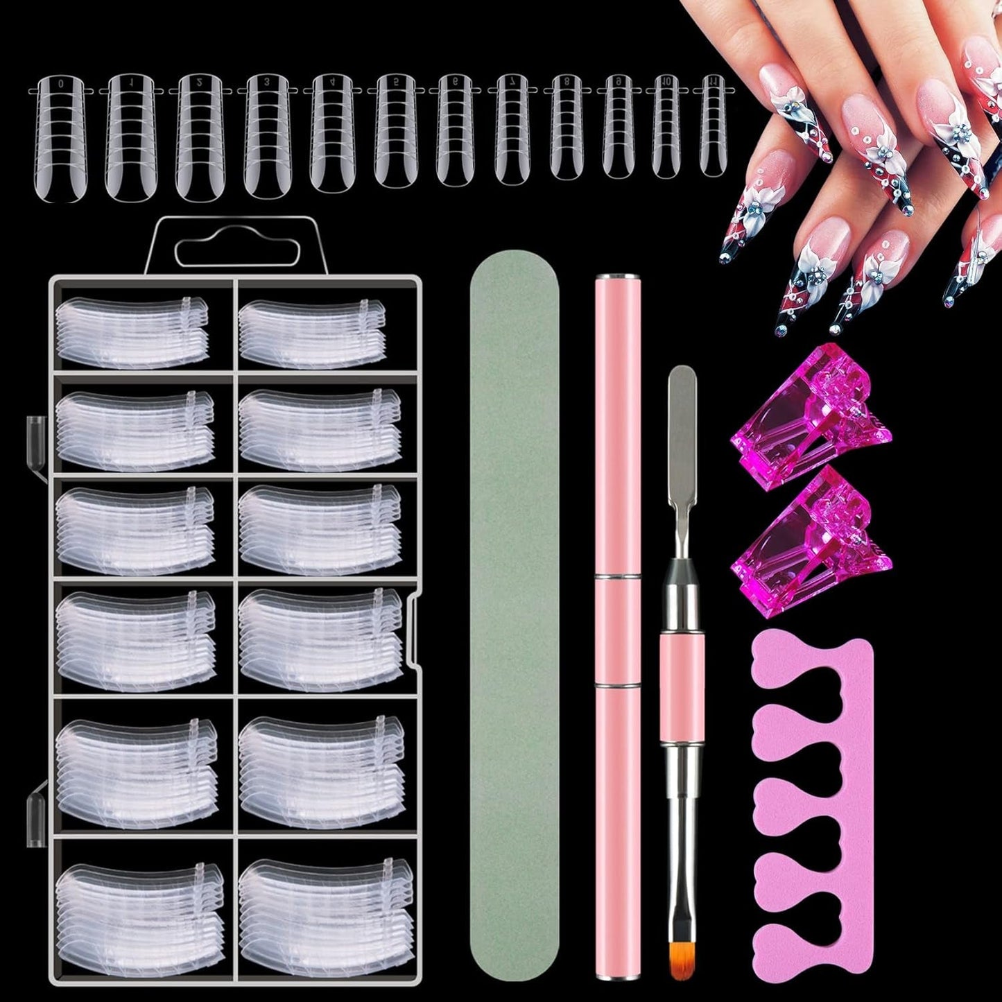Juego de 120 formas de uñas dobles, plantillas de extensión de uñas con cepillo rosa de doble punta, clip para puntas de uñas, separador de dedos de esponja y lima de uñas para uñas de poligel