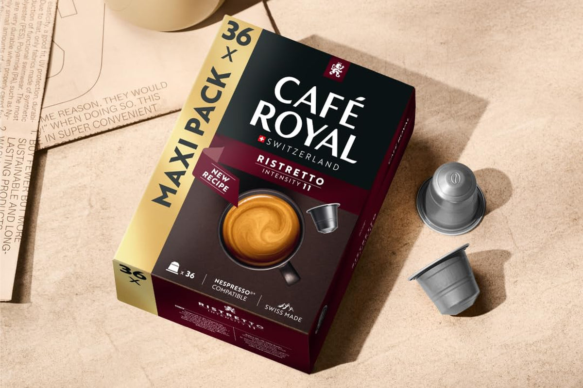 Café Royal Ristretto – Cápsulas de café compatibles con Nespresso®, 100% Arábica, intensivo, tostado oscuro, intensidad 11/12, Rainforest Alliance, 36 cápsulas