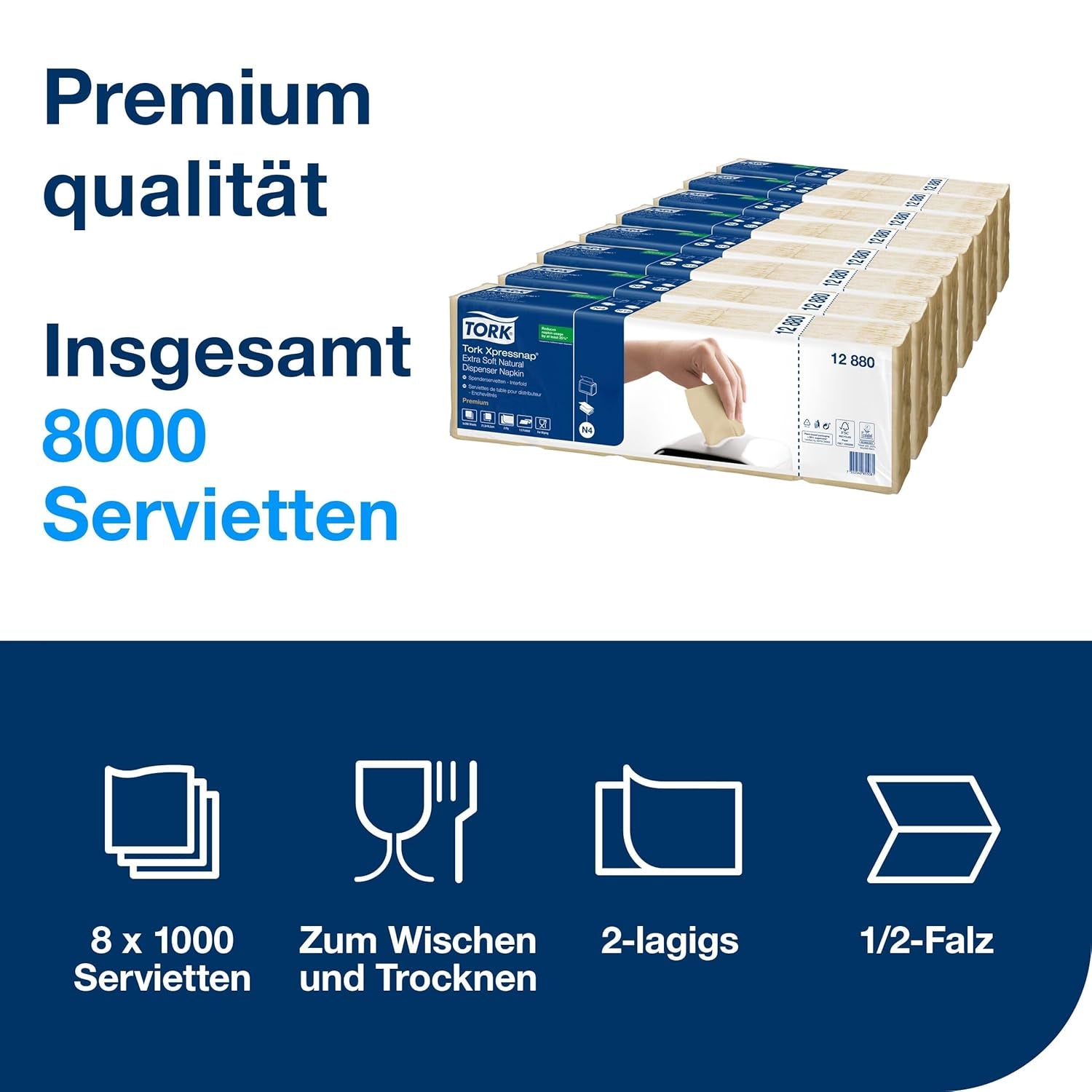 Servilleta dispensadora Tork Xpressnap extra suave Nature N4, premium, 1/2 x 2 capas, 21,3 cm x 16,5 cm, 8 × 1000 servilletas, 12880