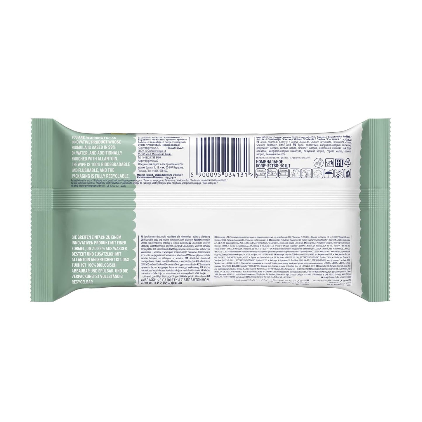 Toallitas húmedas Cleanic Baby Eco Pure Water - (1 x 50 uds.) Toallitas húmedas para niños y bebés - Piel sensible, sin fragancia, que se puede desechar - 50 uds.