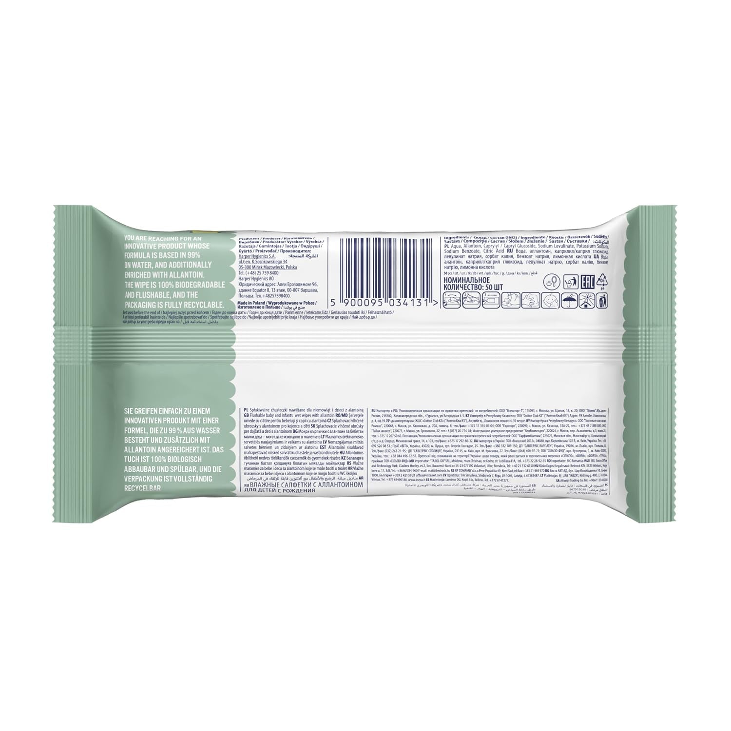 Toallitas húmedas Cleanic Baby Eco Pure Water - (1 x 50 uds.) Toallitas húmedas para niños y bebés - Piel sensible, sin fragancia, que se puede desechar - 50 uds.