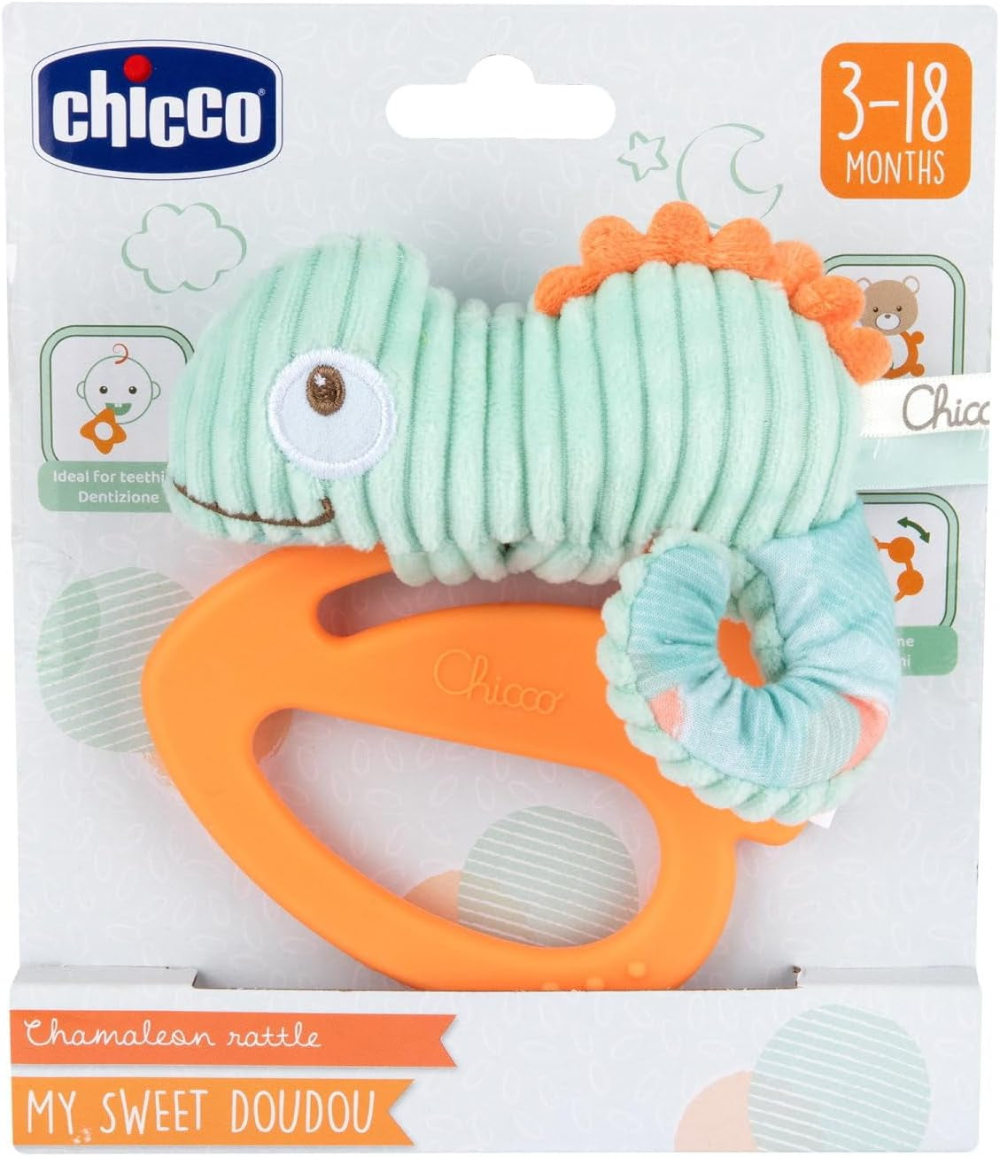 Chicco Juguete Camaleón My Sweet Doudou de Tela de Alta Calidad Anillo de Plástico Blando Juguete Calmante para la Dentición Bebé 3-18 Meses Juguetes Bebé Naty Shop