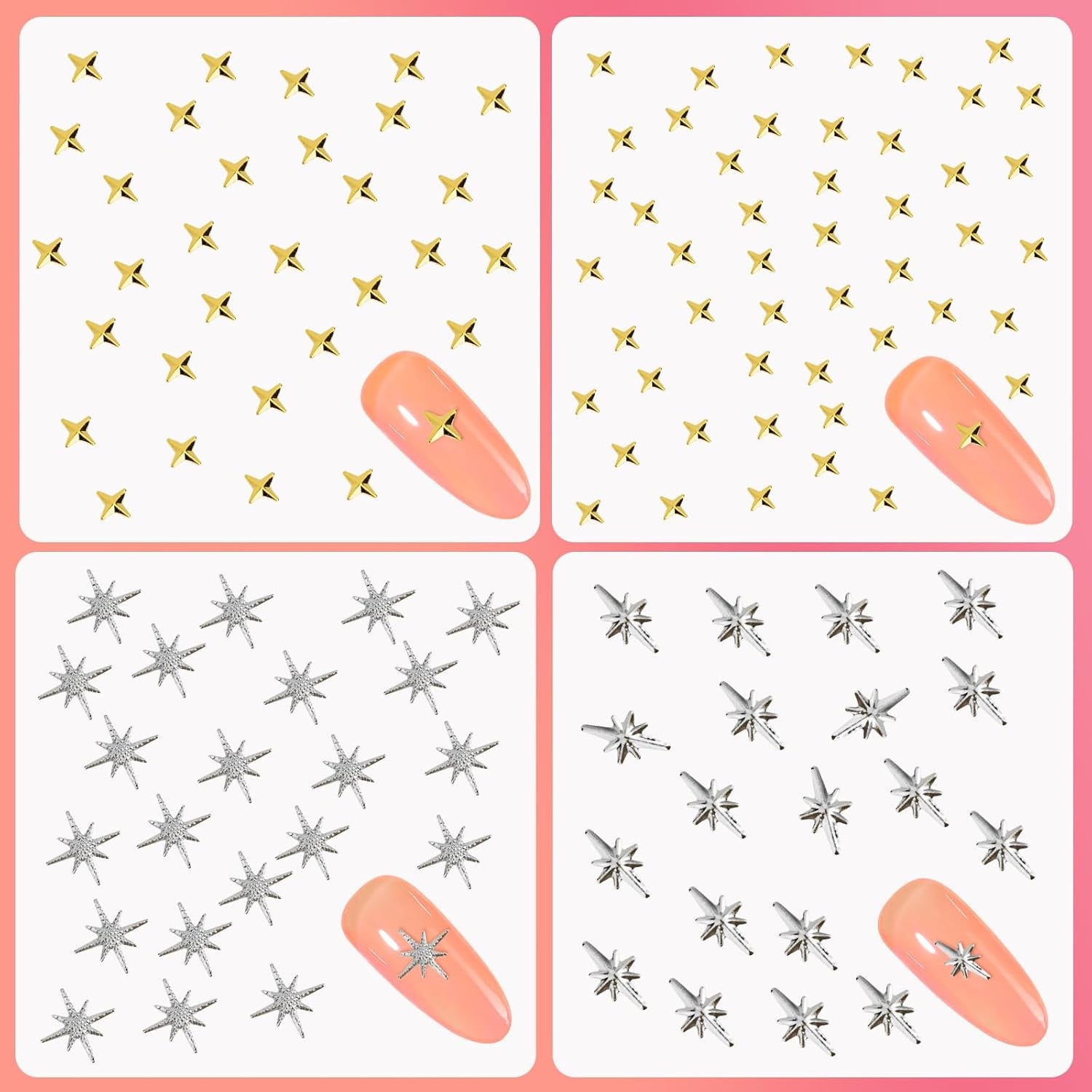400 Stück Gold Silver Stern Nail Charms Nägel, 3D Metall Star Nagelkunst Dekorations, Star Nail Design Gemischt Größe Form Nägel Zubehör