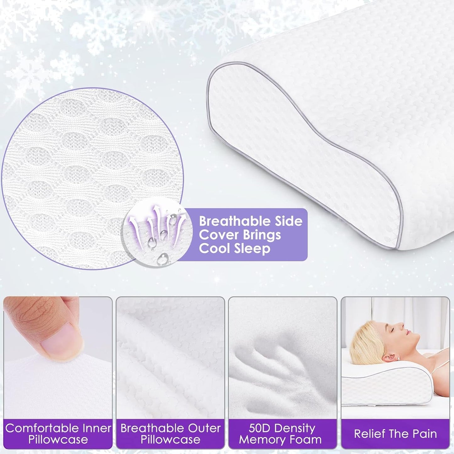 BDTFO Almohada ortopédica de espuma viscoelástica para el dolor de cuello, almohada ortopédica para el contorno cervical, soporte para el cuello para la espalda, el estómago, para dormir de lado, con funda lavable y transpirable con cremallera, almohadas ortopédicas cervicales Naty Shop