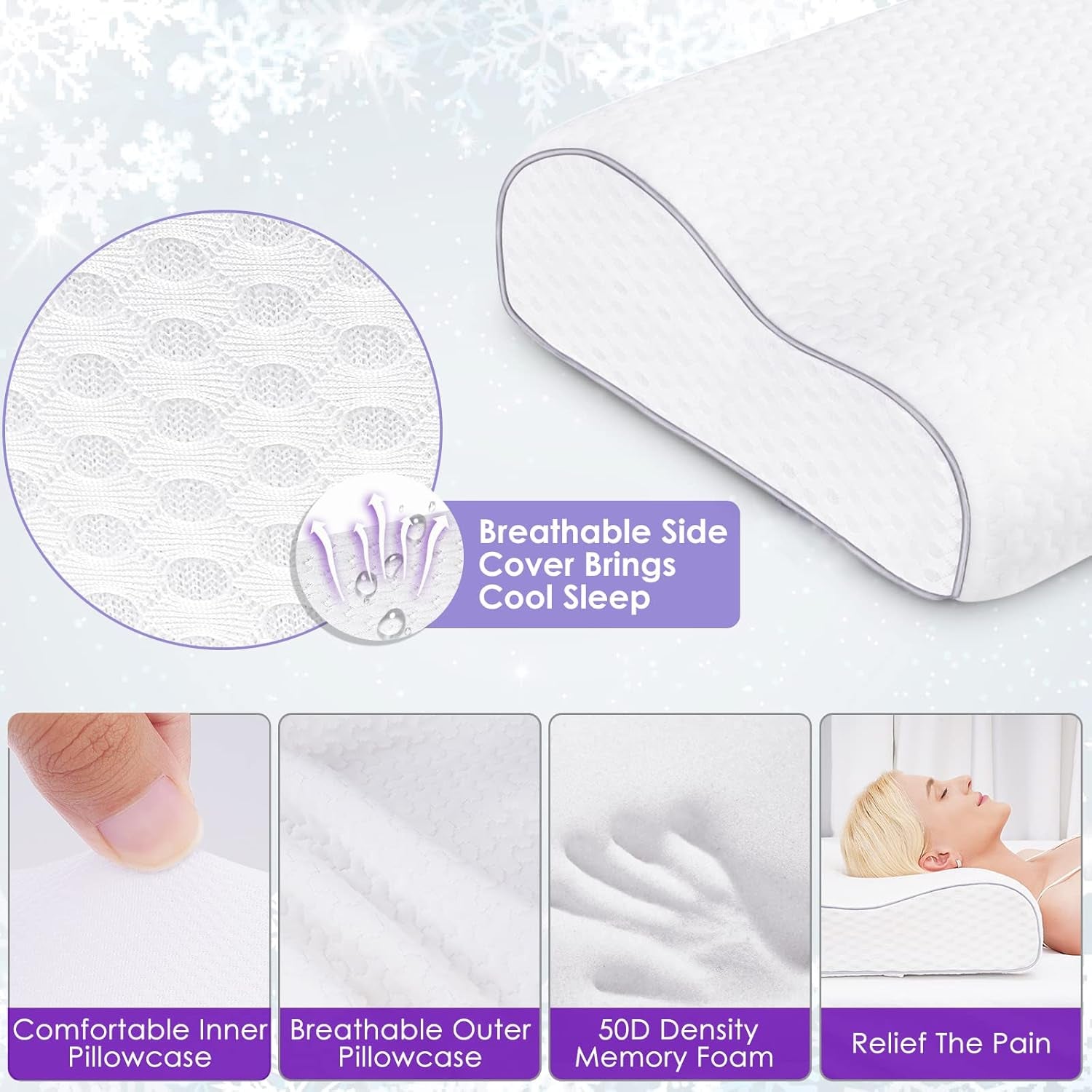 BDTFO Almohada ortopédica de espuma viscoelástica para el dolor de cuello, almohada ortopédica para el contorno cervical, soporte para el cuello para la espalda, el estómago, para dormir de lado, con funda lavable y transpirable con cremallera, almohadas ortopédicas cervicales Naty Shop