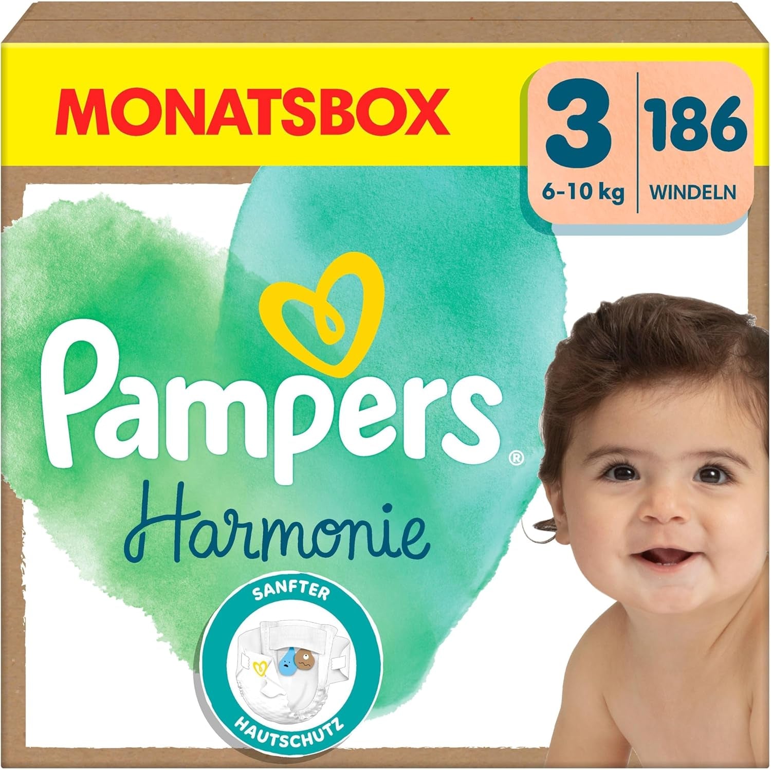 Pañales Pampers Harmony talla 1, 180 pañales, 2kg-5kg, protección suave para la piel con protección 100% Pampers