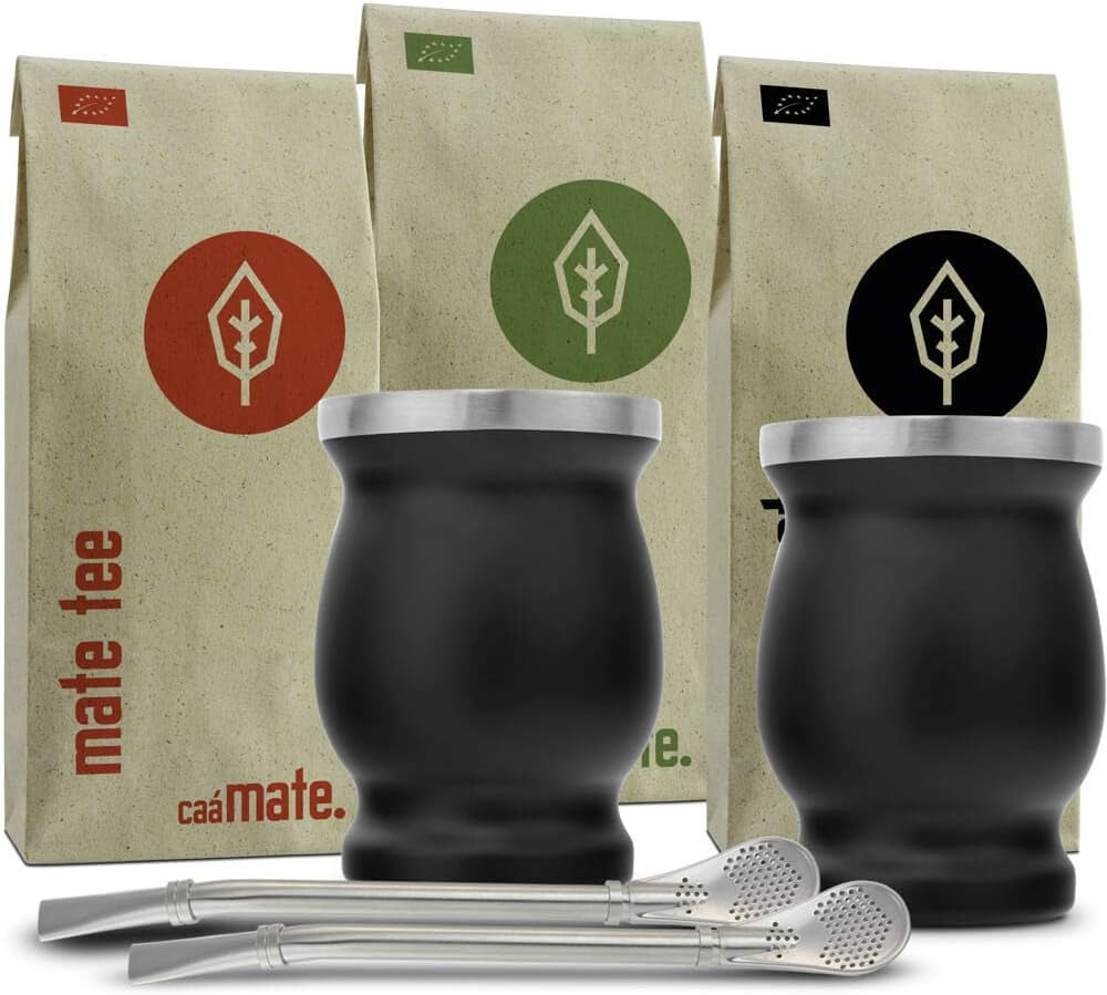 Juego de Té Mate Bio ● 3 Surtidos de Mate + 2 Mates de Acero Inoxidable de Doble Pared + 2 Bombillas + Instrucciones de Preparación (Negro)
