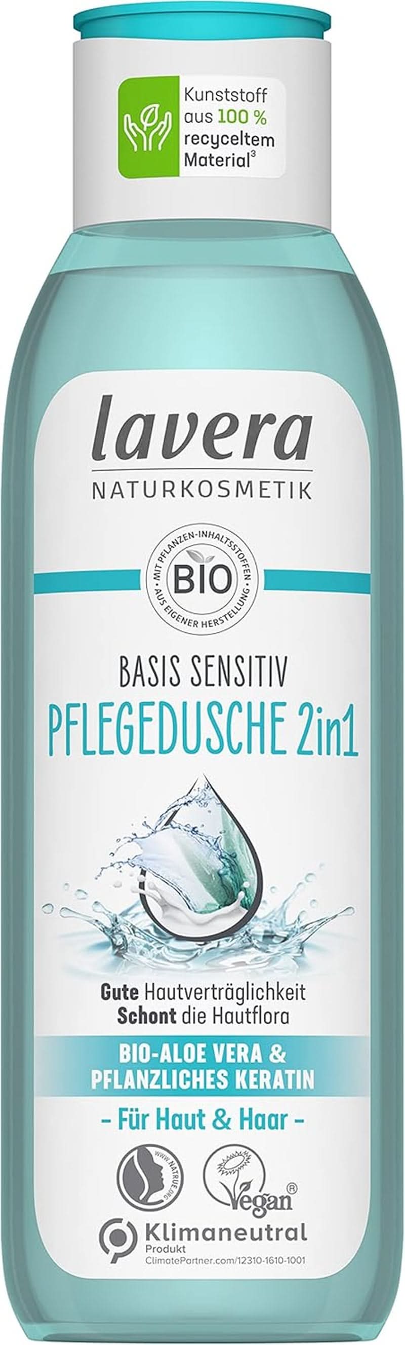 Lavera Care Basis Sensitiv 2 en 1, Champú y gel de ducha con aloe vera ecológico y queratina vegetal, 250 ml Ducha y baño Naty Shop