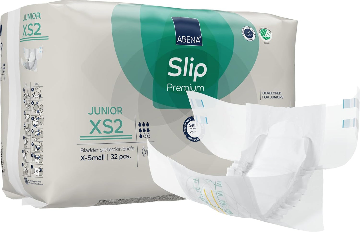 Pañales antideslizantes premium para niños, con etiqueta ecológica, protección mejorada contra fugas, pañales para bebés seguros y cómodos, talla 7/XS2, circunferencia de cintura 40-60 cm, edades de 5 a 15 años, 1 paquete de 32