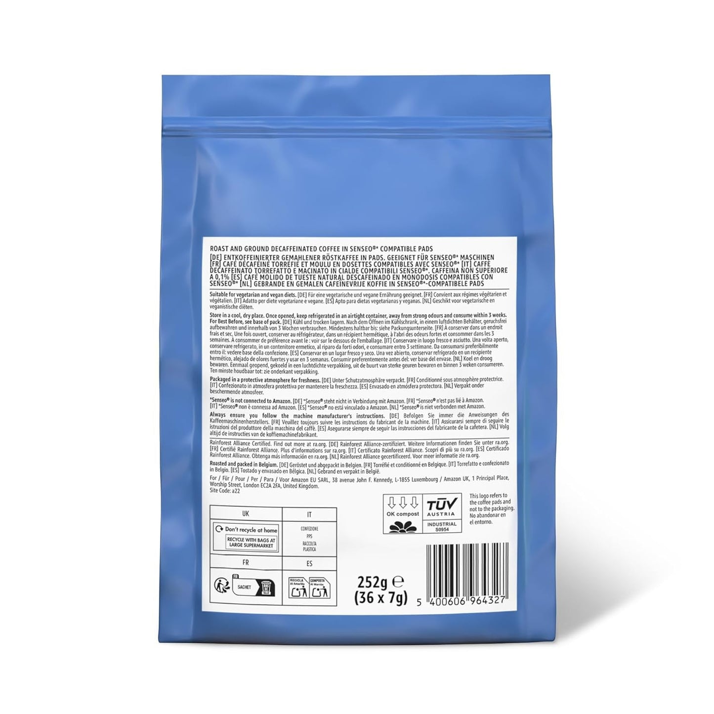 Kaffeepads Decaf 100% Arábica, Geeignet para Senseo Maschinen, 36 unidades (paquete de 1) (paquete con 2)