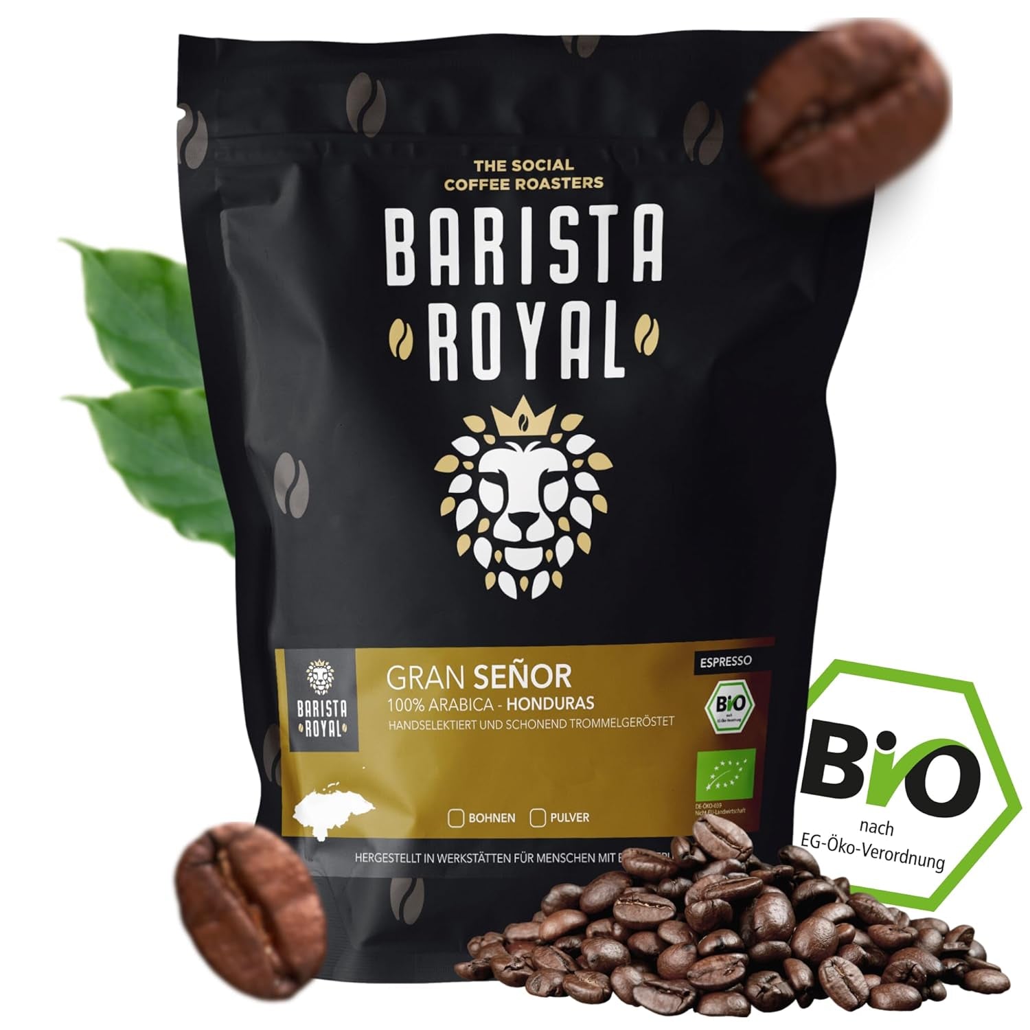 BARISTA ROYAL Bio Espressobohnen 1kg "Gran Señor" | Kaffeebohnen frescos directamente desde Honduras | 100% Arábica Espresso ganze Bohnen | Ideal para sistemas totalmente automáticos y Siebträger.