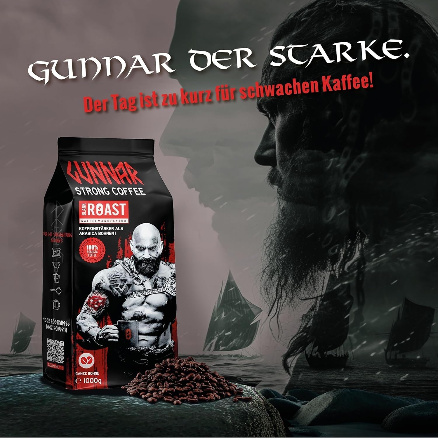 Blank Roast - GUNNAR - 1kg - Whole Kaffee-Bohnen Extra Strong - Kräftige Robusta-Röstung - 494mg Kaffein je Tasse - Würzig & Kraftvoll mit Noten von dunkler Schokolade - Säurearm