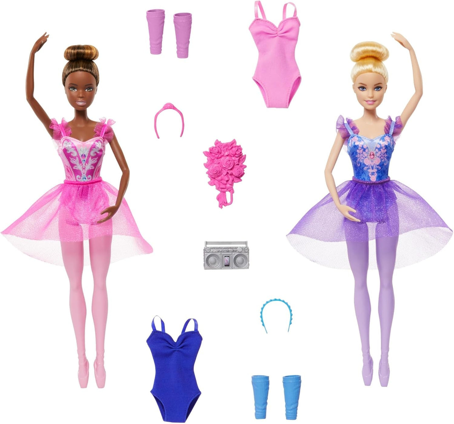 Barbie Ballettstudio Set con 2 Puppen y 9 Zubehörteilen, rubia y morena Ballerina-Modepuppen mit aussietzem Outfit und zum Tanzmotto passten Teilen, HXC37, [Multicolor]