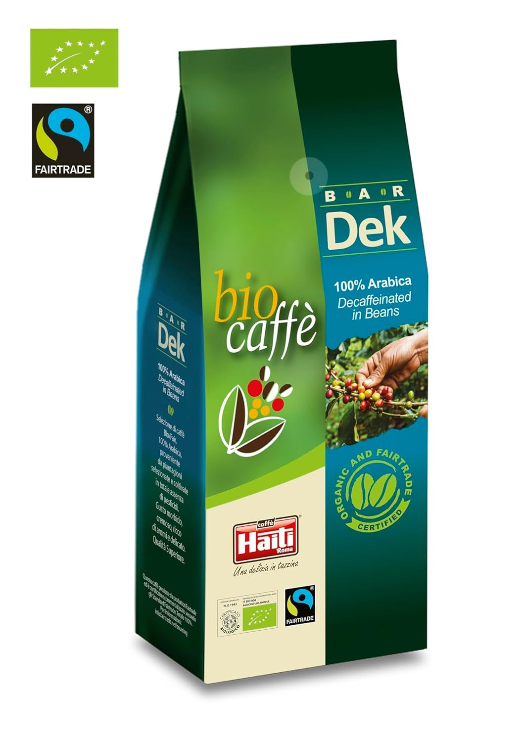 Caffè Haiti Roma café en grano orgánico descafeinado, 100% Arábica, certificado Fairtrade, calidad orgánica, paquete de 2 x 500 g