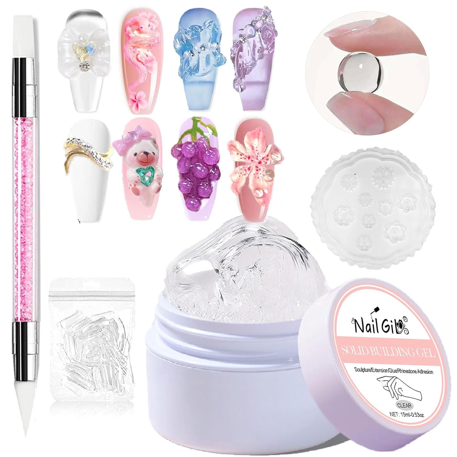 NAILGIL Esmalte de uñas de gel sólido, pegamento de uñas de gel sólido, escultura de arte de uñas 3D con juego de herramientas, salón de bricolaje en casa, transparente 15G