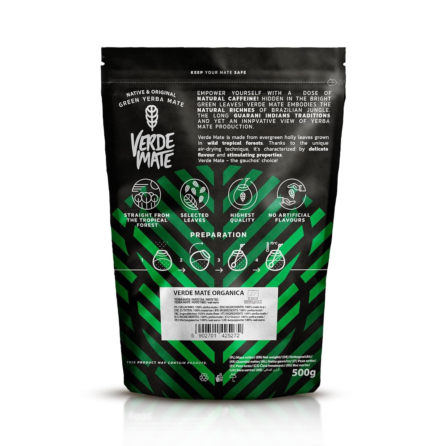 Verde Mate Green Orgánica 500 G – Yerba Mate Orgánica de Brasil – sin humo y cuidadosamente procesada 0,5 kg