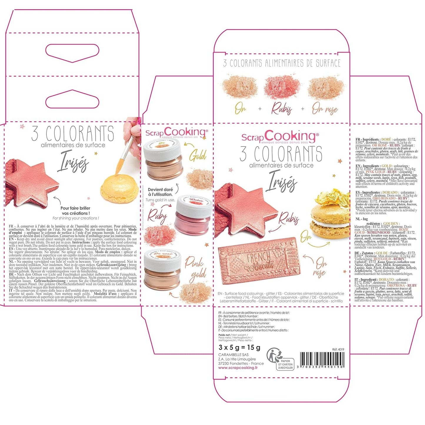 Scrapcooking - Juego de 3 colorantes alimentarios metálicos - Colorante alimentario: oro, oro rosa y rubí - Colorante alimentario comestible para hornear, pasteles, galletas, tartas, chocolate - 4019