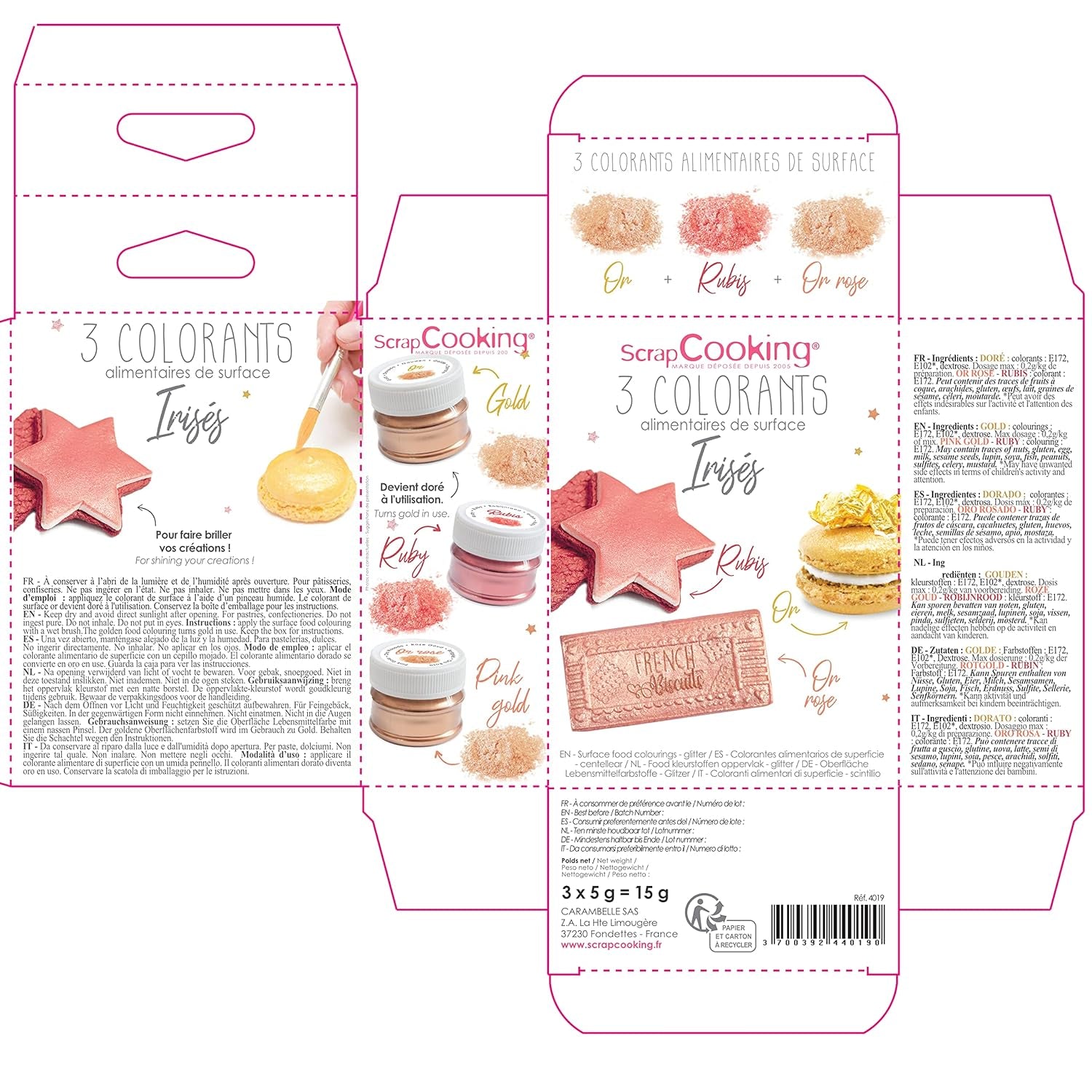 Scrapcooking - Juego de 3 colorantes alimentarios metálicos - Colorante alimentario: oro, oro rosa y rubí - Colorante alimentario comestible para hornear, pasteles, galletas, tartas, chocolate - 4019