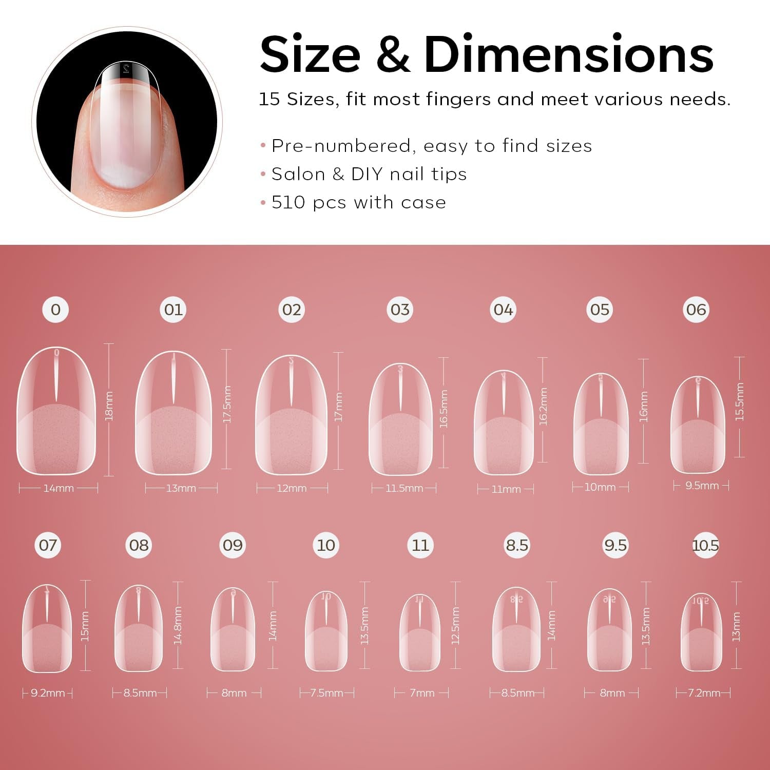Modelones Puntas de Uñas 510 Piezas - Juego de Puntas de Uñas de Cobertura Completa, Juego de Puntas de Gel, Puntas de Uñas de Resina PMMA Prepulidas, Uñas Artificiales para Pegamento en Nail Art DIY, Squoval Corto