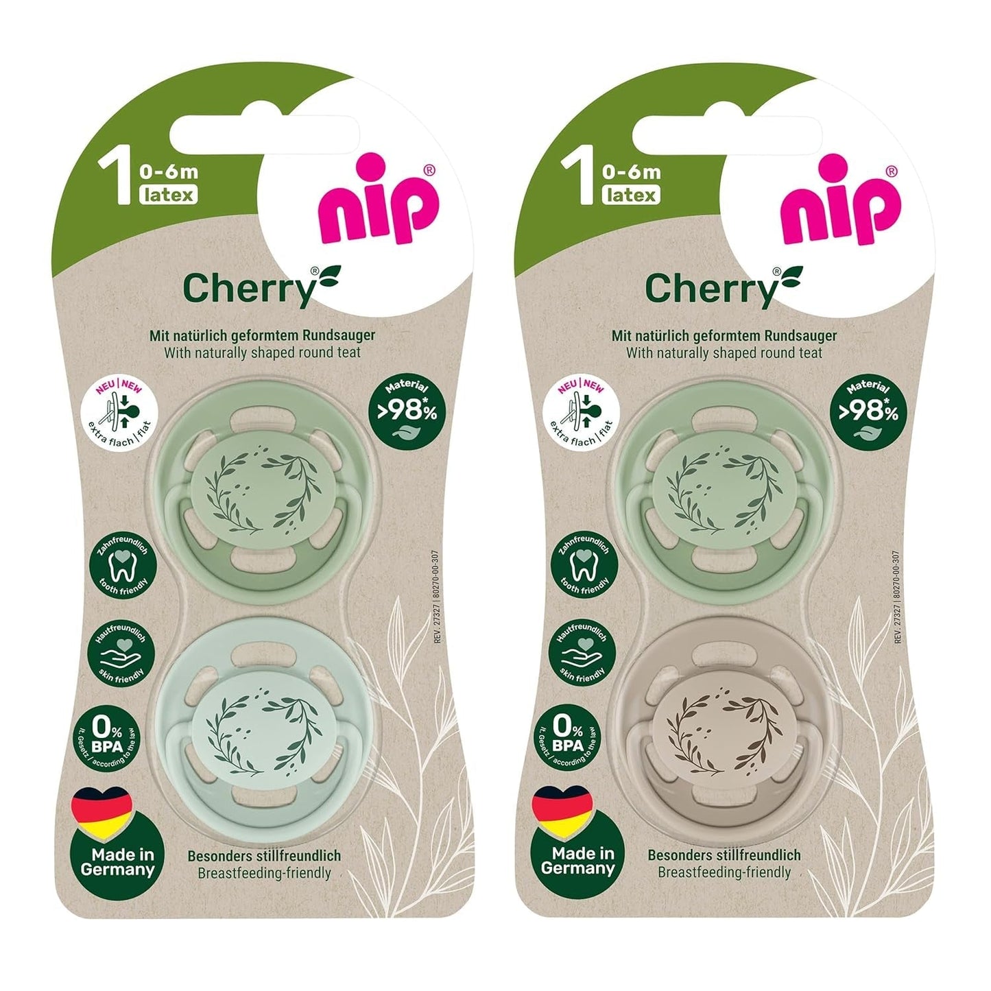nip - Verde cereza | 0-6 meses | Paquete de 4 | Chupete para bebé, apto para lactancia y dentición. Chupete sostenible, elaborado con materias primas naturales, verde claro/marrón