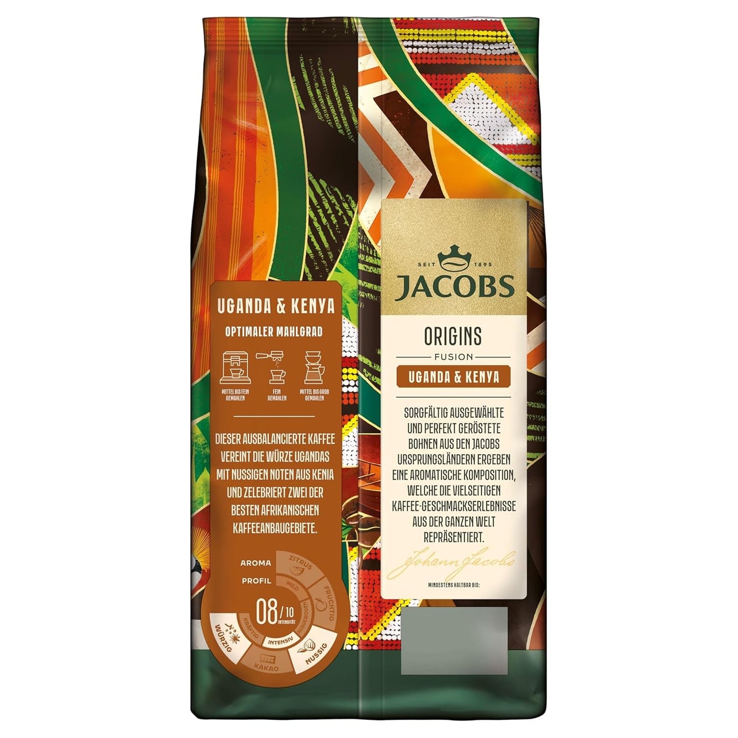Jacobs Origins Café en granos de Uganda y Kenia, espresso con mucho cuerpo y una nota especiada, concentración 8/10, granos de café enteros, 1 kg