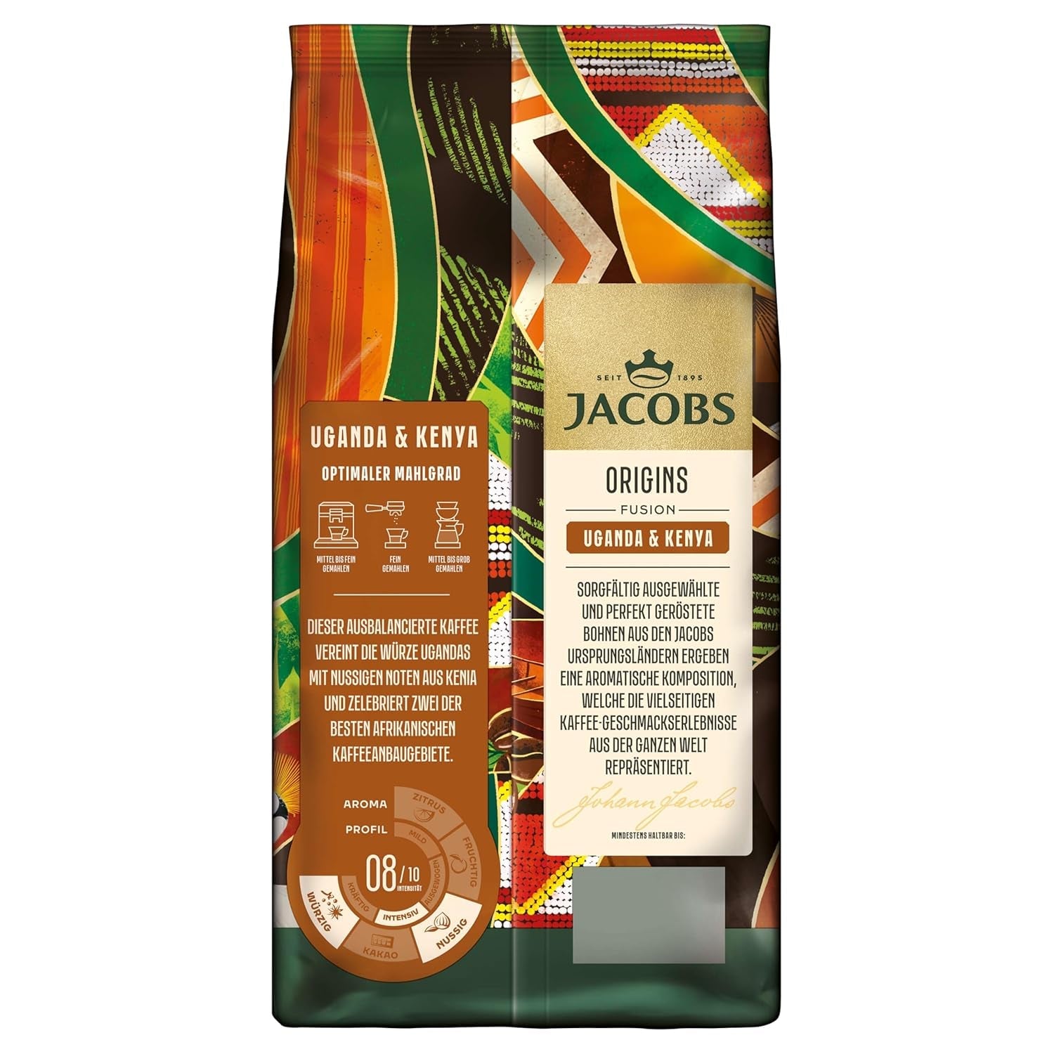 Jacobs Origins Café en granos de Uganda y Kenia, espresso con mucho cuerpo y una nota especiada, concentración 8/10, granos de café enteros, 1 kg